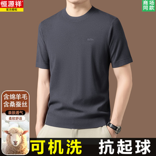恒源祥秋含羊毛衫男士短袖t恤精纺针织半袖毛衣不起球可机洗打底