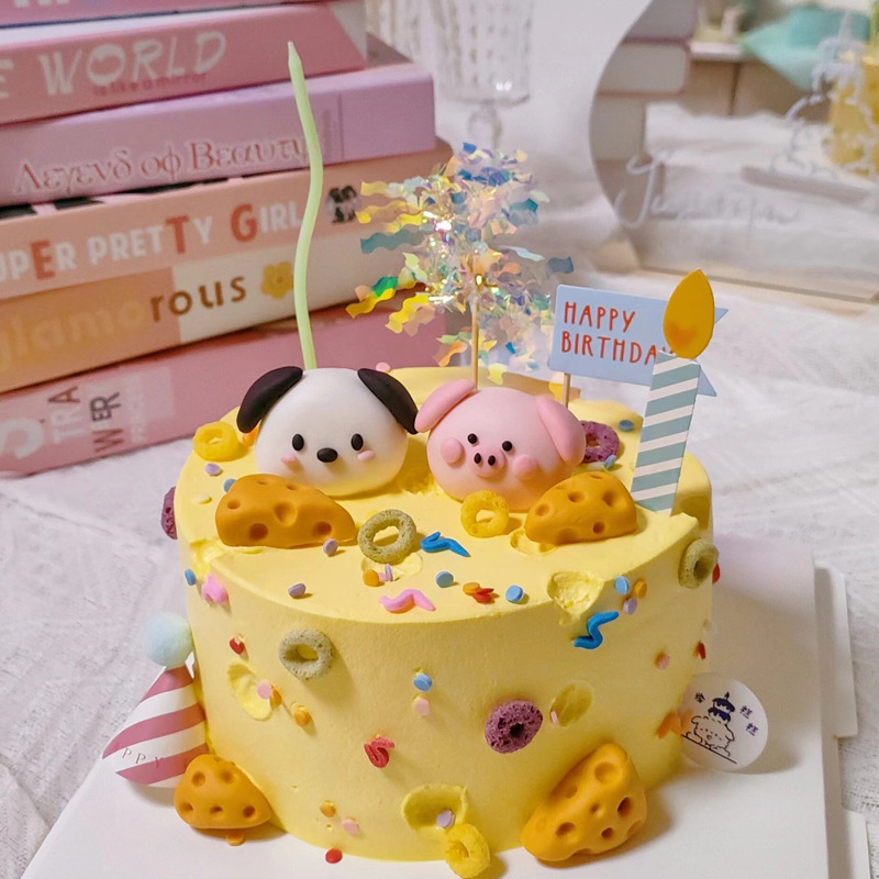 网红ins蛋糕装饰奶酪小猪小狗摆件女生生日烘焙装扮蜡烛插件插牌