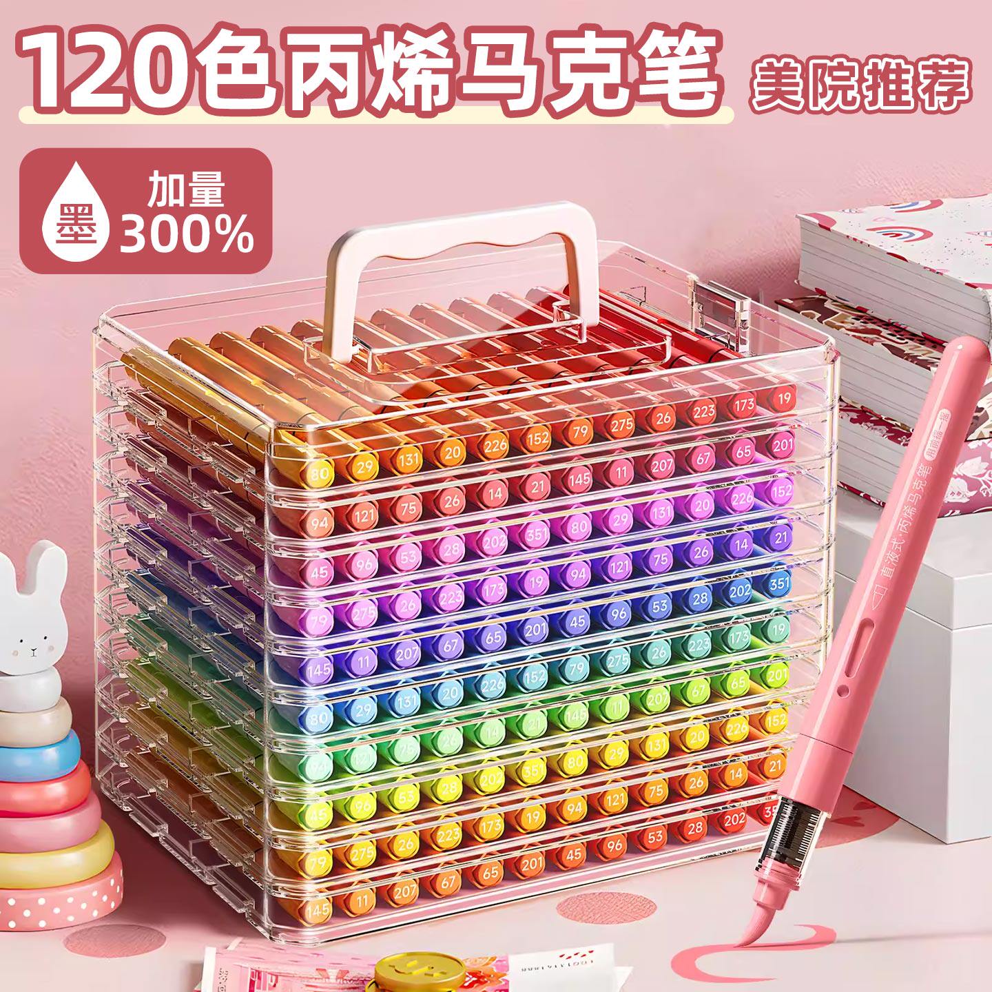 丙烯马克笔直液式软头小学生美术专用72色可叠色不透纸幼儿园画画笔可水洗儿童涂鸦水彩笔笔芯24色炳烯彩色笔