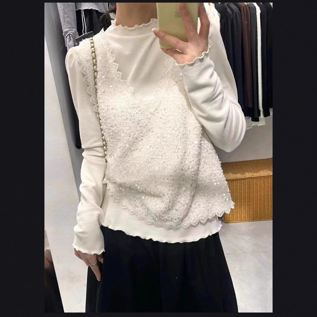 四季青法式蕾丝拼接长袖白色T恤