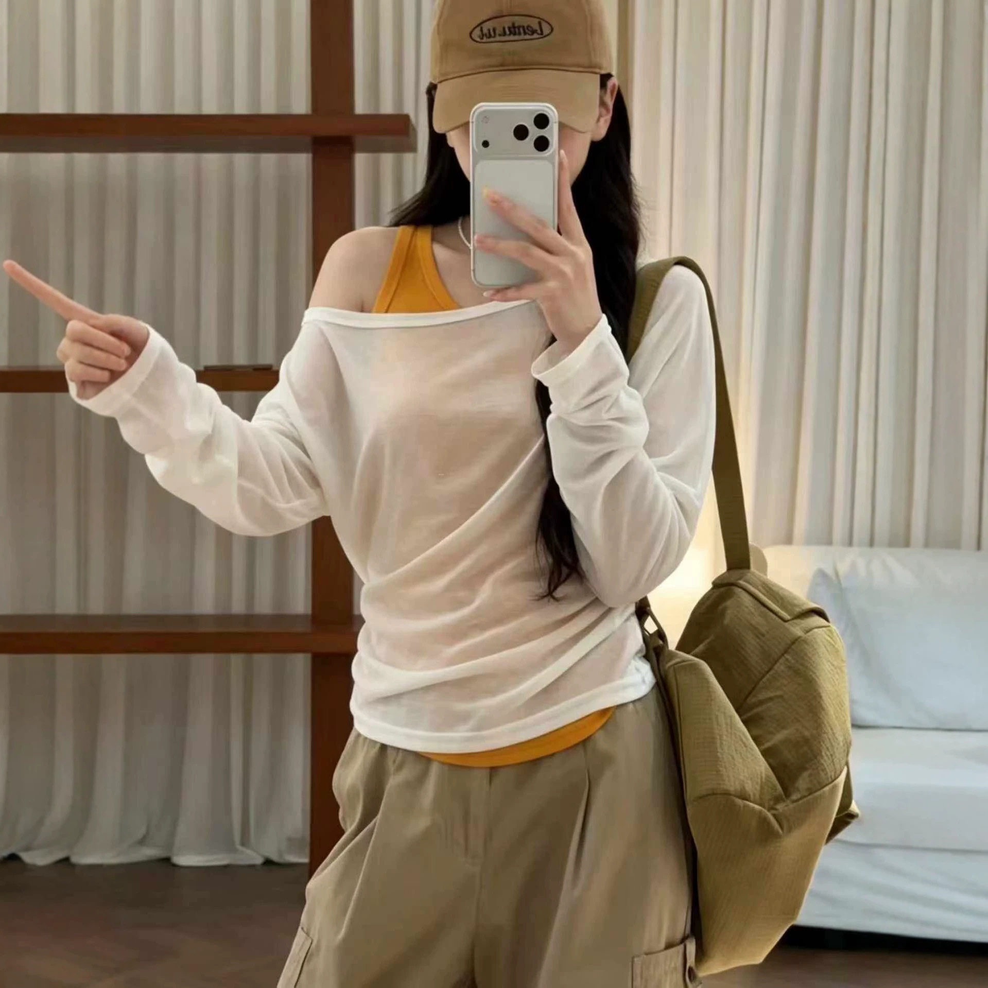 漂依女装新款天丝防晒小衫百搭显瘦斜肩长袖T恤+背心两件套上衣