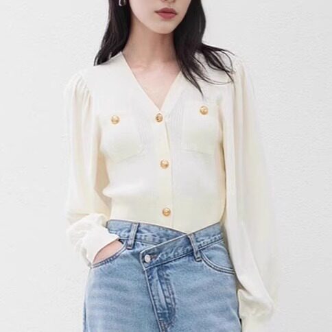 秋季小香风V领金属扣针织开衫女