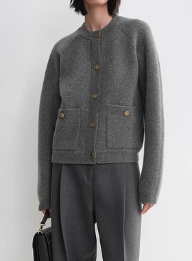 2025年秋冬新品TT麻灰色柔软羊毛修身锤纹纽扣针织开衫长袖外套女