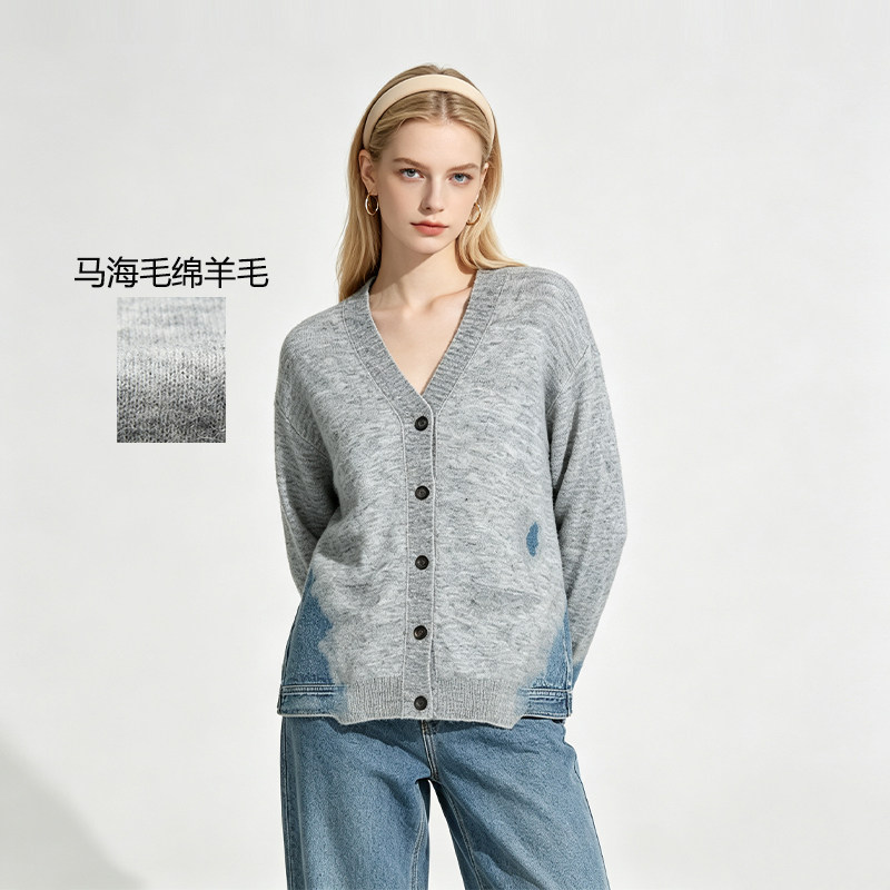 现货V领牛仔拼针织开衫女秋冬