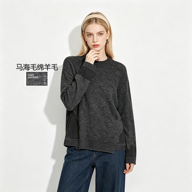 秋冬新款女圆领牛仔刺绣针织衫