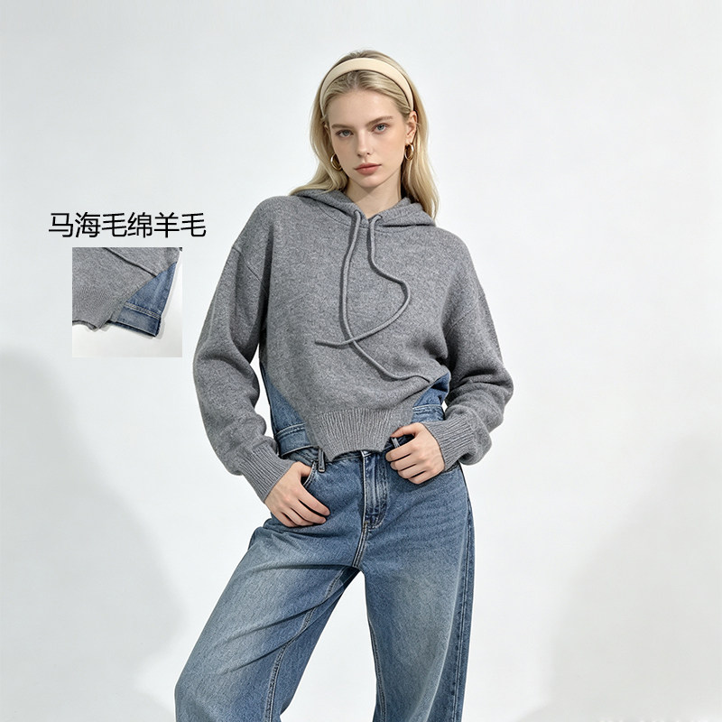 现货连帽牛仔刺绣拼接针织衫女