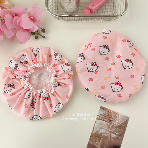 韩系可爱粉色kt猫印花浴帽洗澡防水套头卡通图案厨房做饭防油污
