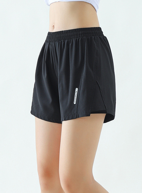 女式速干假两件运动短裤夏季黑色薄款高腰宽松三分跑步休闲健身裤