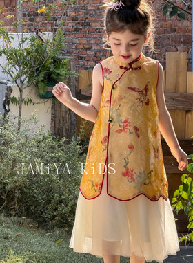 JA家女童新中式旗袍连衣裙2026春夏儿童中国风洋气无袖网纱公主裙