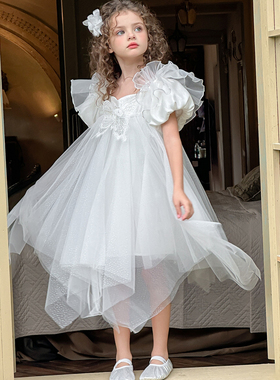 25春夏新款JA纯白礼服泡泡袖少裙女童连衣裙生日花童礼服裙吊带裙
