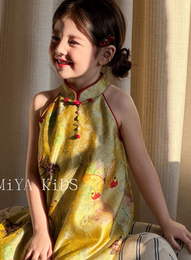 JA家新中式改良旗袍连衣裙女童立领黄色蝴蝶印花高级感小众国风裙