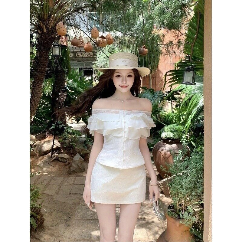 画解WAHJU 月白矜贵 夏季法式复古一字肩蕾丝抹胸上衣女半裙套装