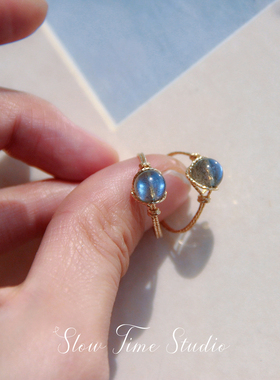 天然黑体拉长石麻花戒指女款灰月光石14k包金材质蓝光指环简约