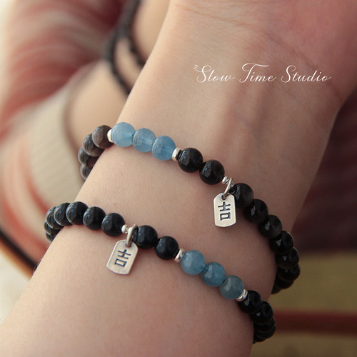 天然黑曜石海蓝宝手链虎眼石925纯银配手串轻奢简约女款高级感