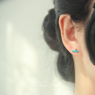 天然美国蓝瓷松石耳钉绿松石睡美人耳饰美国14k包金