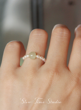 天然淡水珍珠和田玉戒指