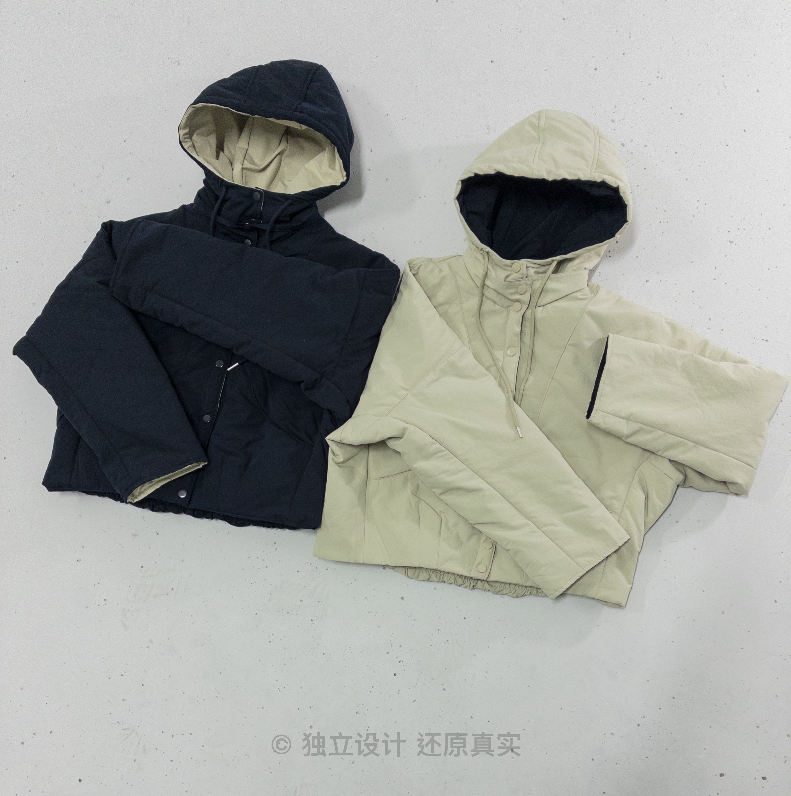 韩系设计感连帽撞色棉服外套