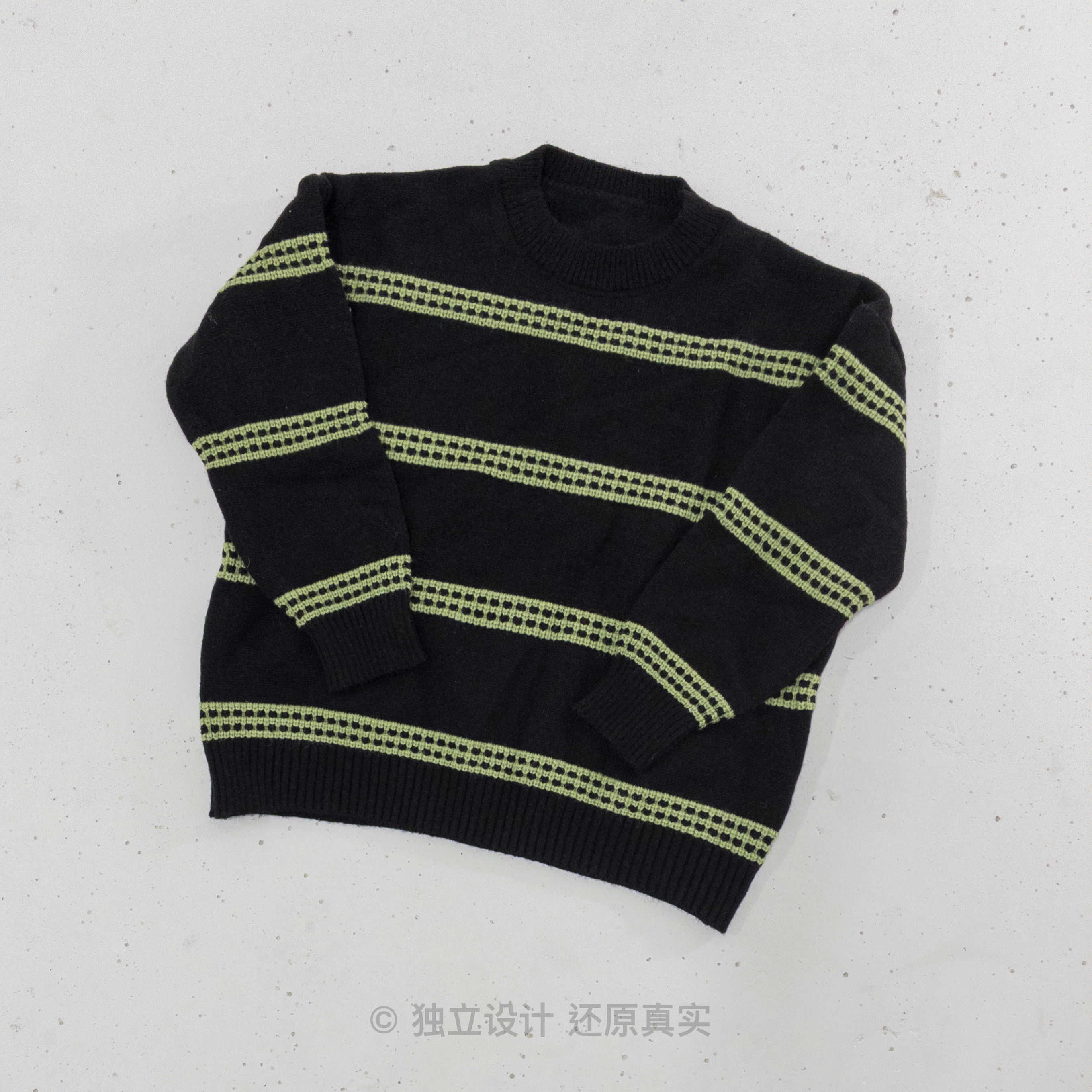 绿条纹提花毛衣#1215.10点上新~黑色系针织这么好看的不多见