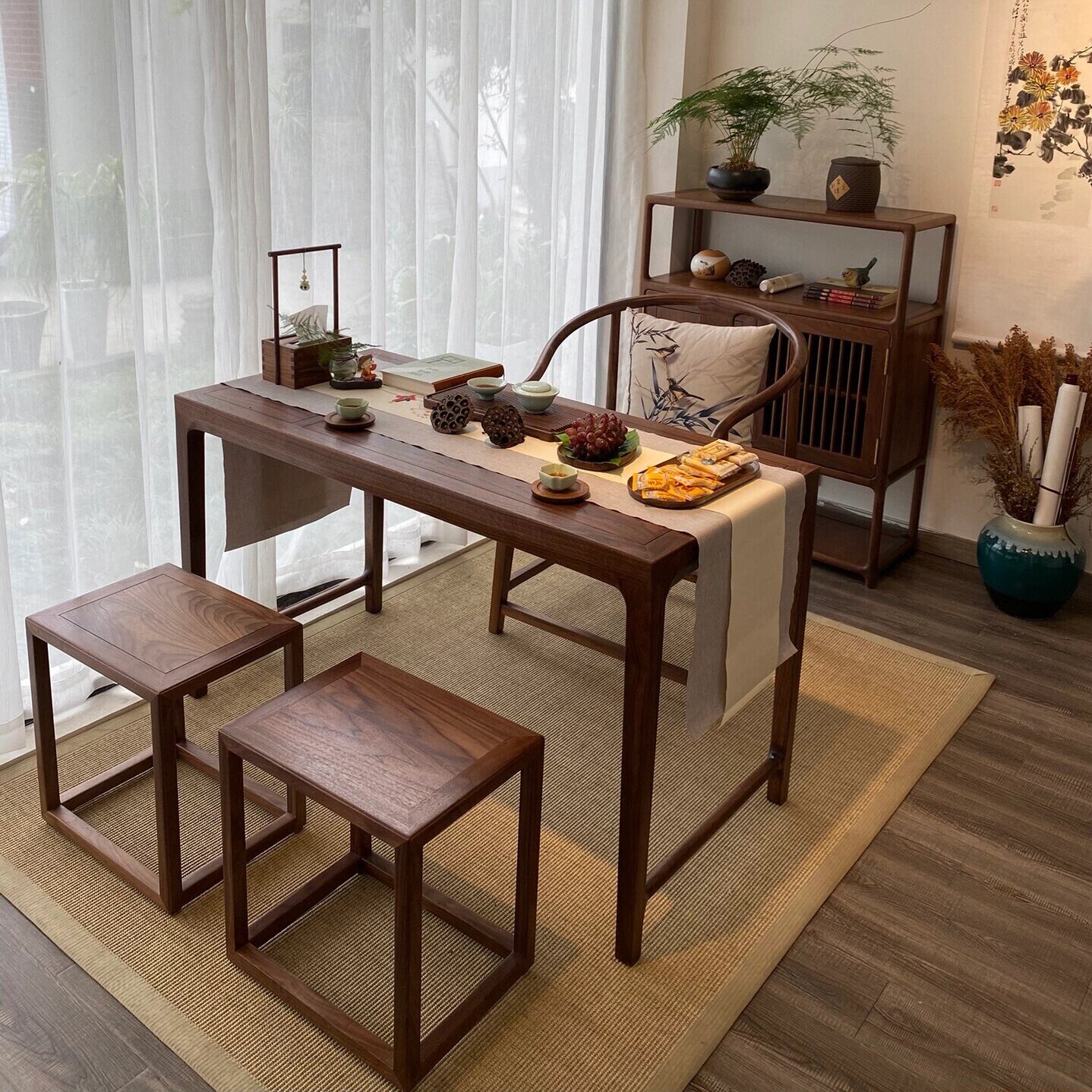 黑胡桃木阳台茶桌椅组合家用小茶台现代简约小户型实木高级泡茶桌