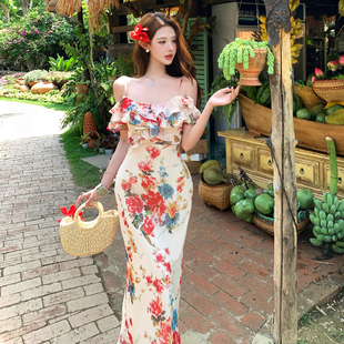 清迈花事 法式荷叶边碎花连衣裙女春夏度假吊带小飞袖长裙