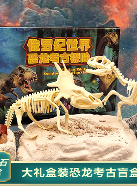恐龙化石挖土考古盲盒儿童diy挖掘天然七彩宝石拼装手办礼品玩具