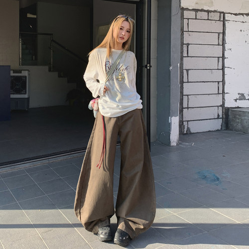 尚雅8375款可可色美式复古宽松阔腿弯刀工装裤女休闲拖地长裤