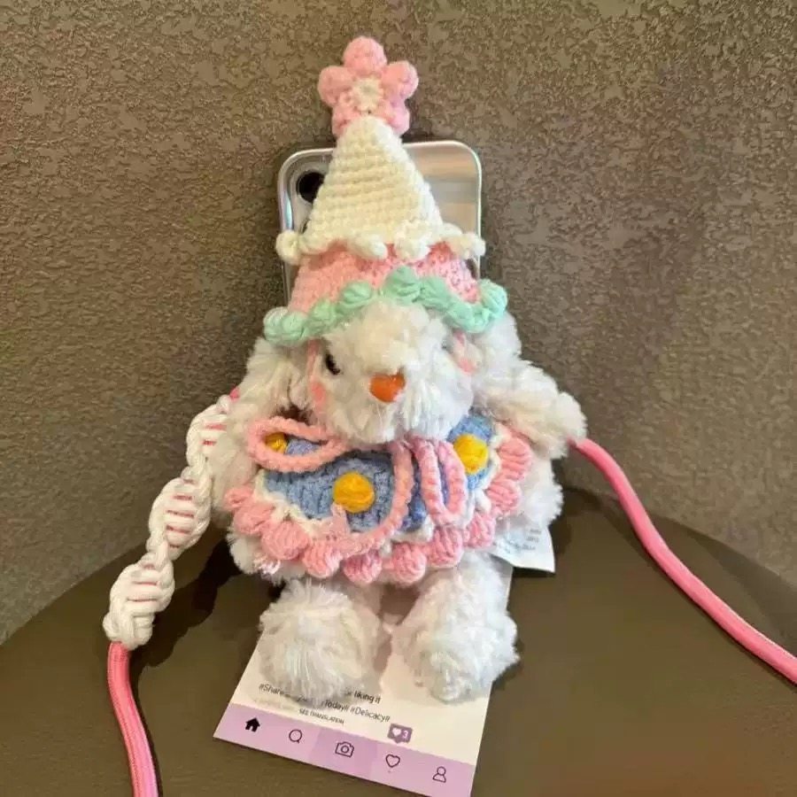 多巴胺长耳兔手机背夹斜挎链便携可爱毛绒玩偶小熊挂饰解放双手