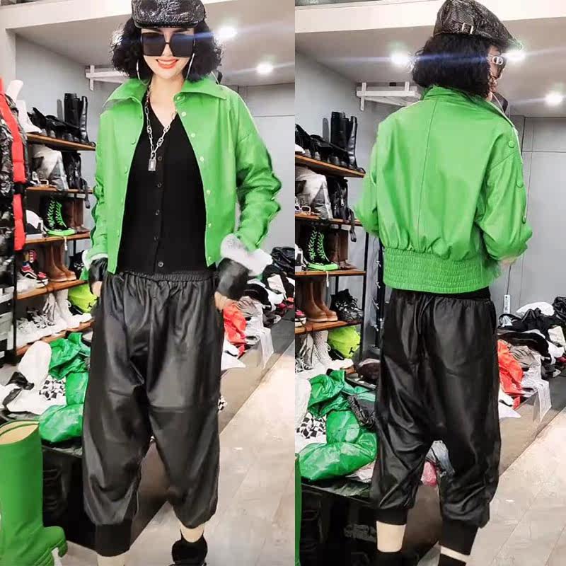 苍南县迷巧服装抖音同款2022春新款绿色气质皮外套高腰休闲哈伦裤