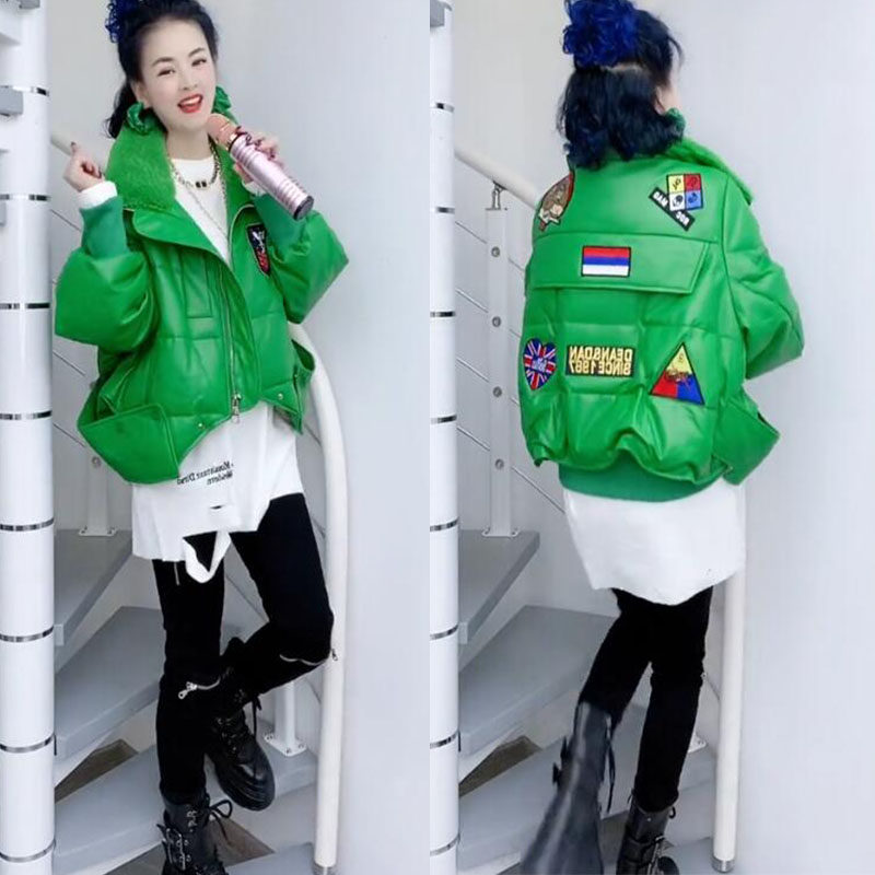 秋佳私橱服装抖音同款2021冬新款绿色小香风大毛领加厚棉服洋气女