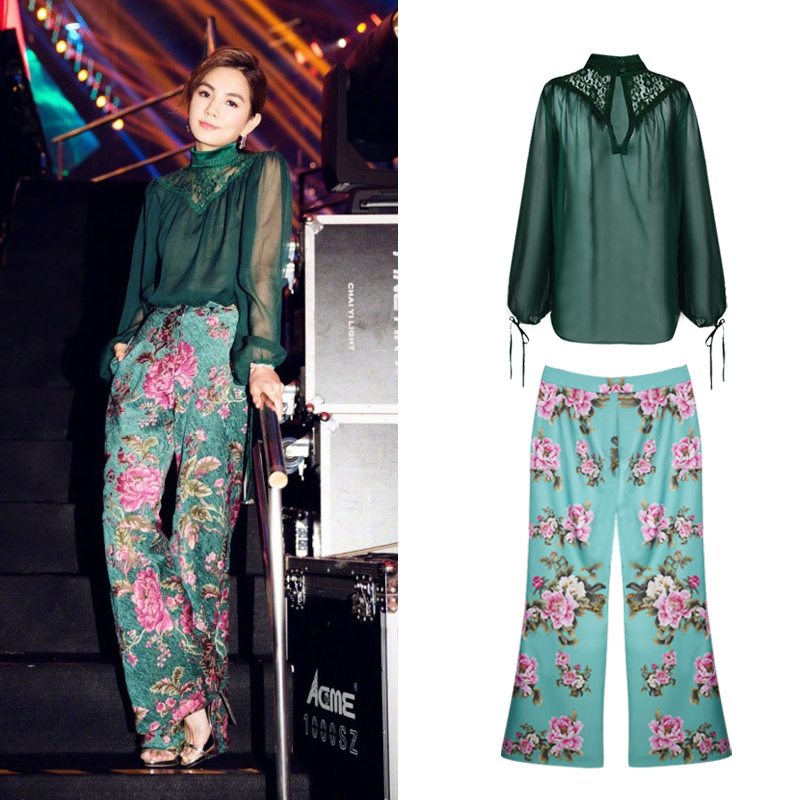 ella Chen Jiahua Masked singing Guess Same item green perspective Lace Mosaic Retro lantern Long sleeve shirtin the Women's clothing/Boutique , Shirt  category - from Buy2taobao.com to provide professional Taobao agent buy service