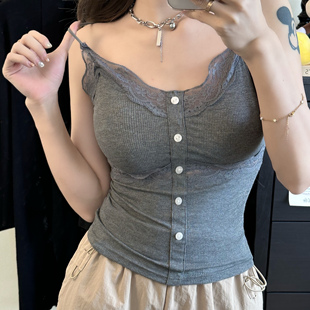 显瘦上衣 纯欲性感带胸垫纯欲修身 法式 蕾丝拼接V领吊带背心女夏季