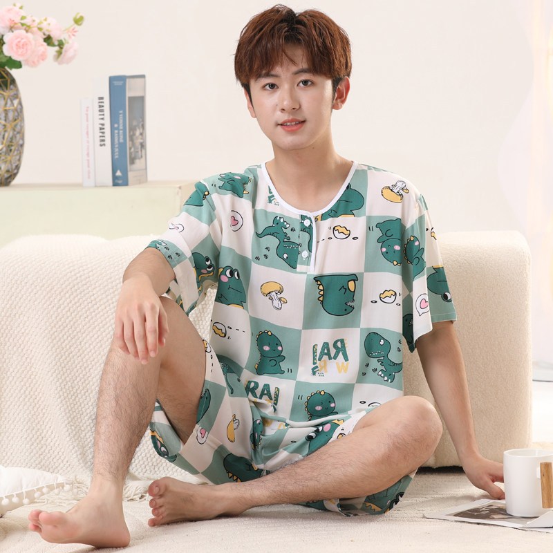 棉绸睡衣男夏季短袖短裤青少年学生大童薄款绵绸家居服人造棉套装