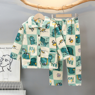 儿童法兰绒睡衣男女童春秋冬季家居服珊瑚绒套装中小童可外穿恐龙