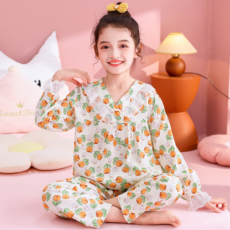 女童睡衣夏季薄款长袖公主棉绸2025母女装蕾丝中大童小女孩家居服