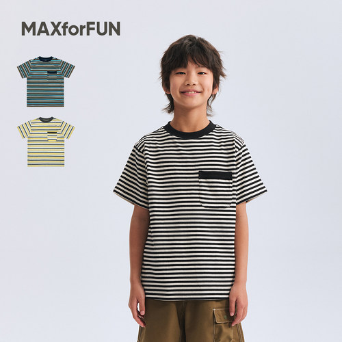 MAXforFUN童装26春夏儿童条纹短袖T圆领纯棉宽松上衣打底男女童