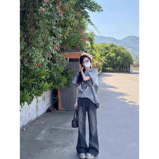 美式 t恤女夏季 2025新款 oversize寬松慵懶松弛感上衣 復(fù)古灰色短袖