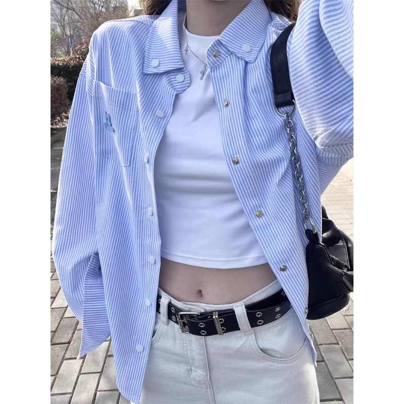 复古港风条纹衬衫女春秋新款蓝色衬衣韩版ins宽松休闲开衫外套潮