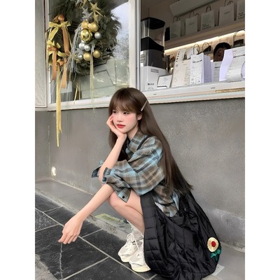 蓝色格子衬衫外套宽松上衣