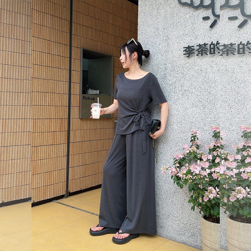 【2026夏上新】胖mm显瘦T恤阔腿裤两件套200斤加大码女装-MJ595