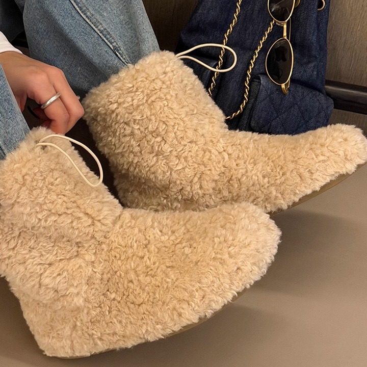 诗歌兰女靴2025冬季新款保暖毛毛靴外穿短靴显瘦棉鞋羊羔毛雪地靴