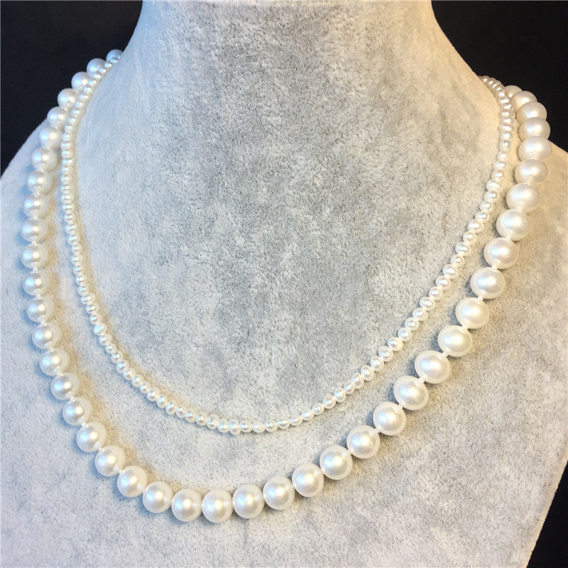 大珠7-8mm小珠3-4mm鹅蛋圆天然淡水珍珠项链二合一双层毛衣链颈链