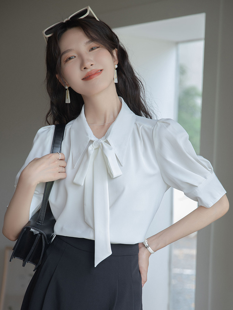 法式蝴蝶结飘带雪纺白色衬衫女2026夏季短袖面试通勤职业正装上衣