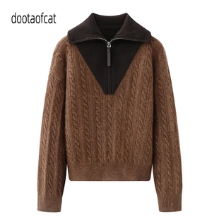 预2025冬新款女装通勤风海军领复古撞色拼接针织衫毛衣EBE4SWT014