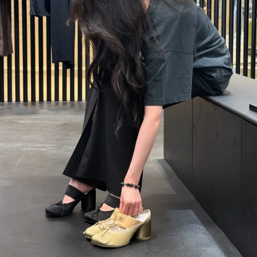 Jennie MM6同款苹果头后空浅口单鞋2025春秋新款芭蕾高跟鞋女粗跟