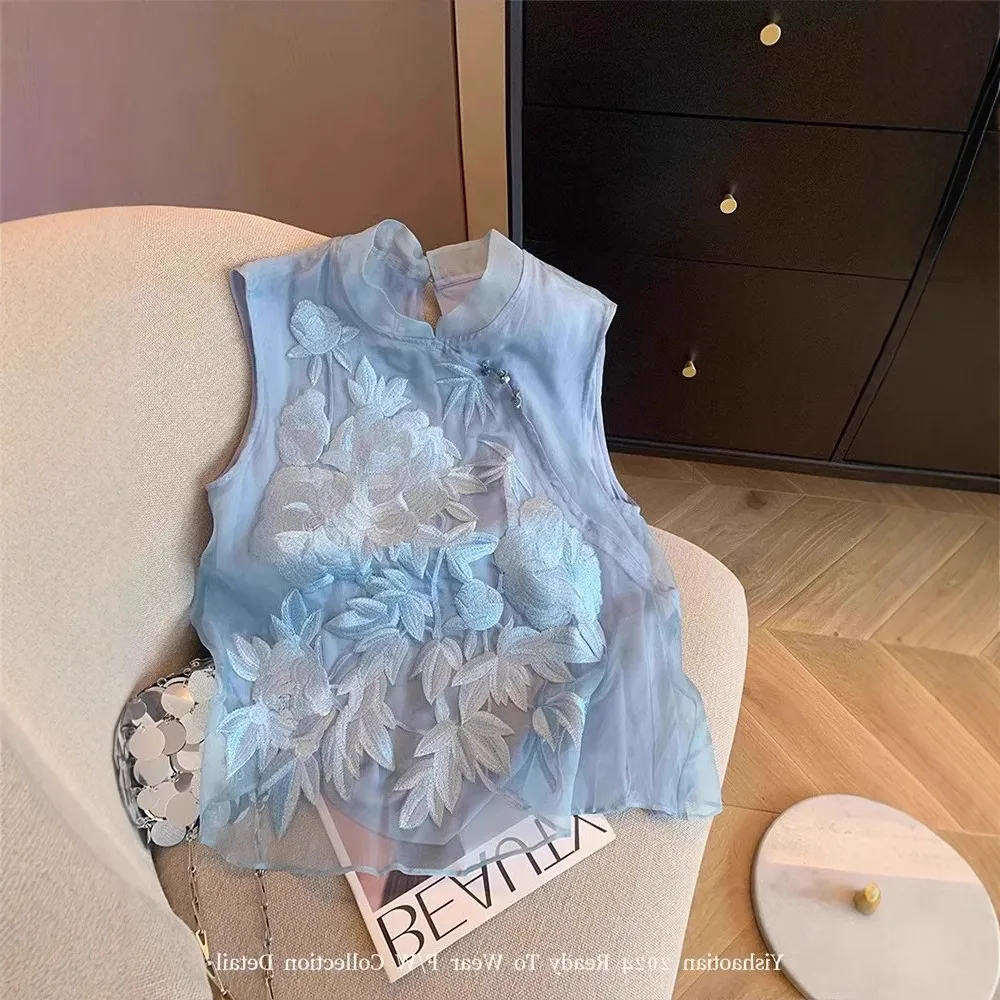 蓝色新中式重工刺绣斜襟立领雪纺衬衫2025女春夏国风别致无袖背心