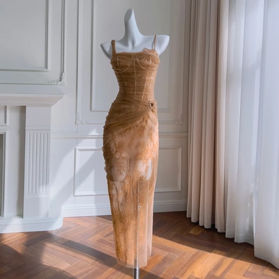 夏季新款时尚气质吊带裙优雅修身礼服裙聚会约会蕾丝透视裙 68512