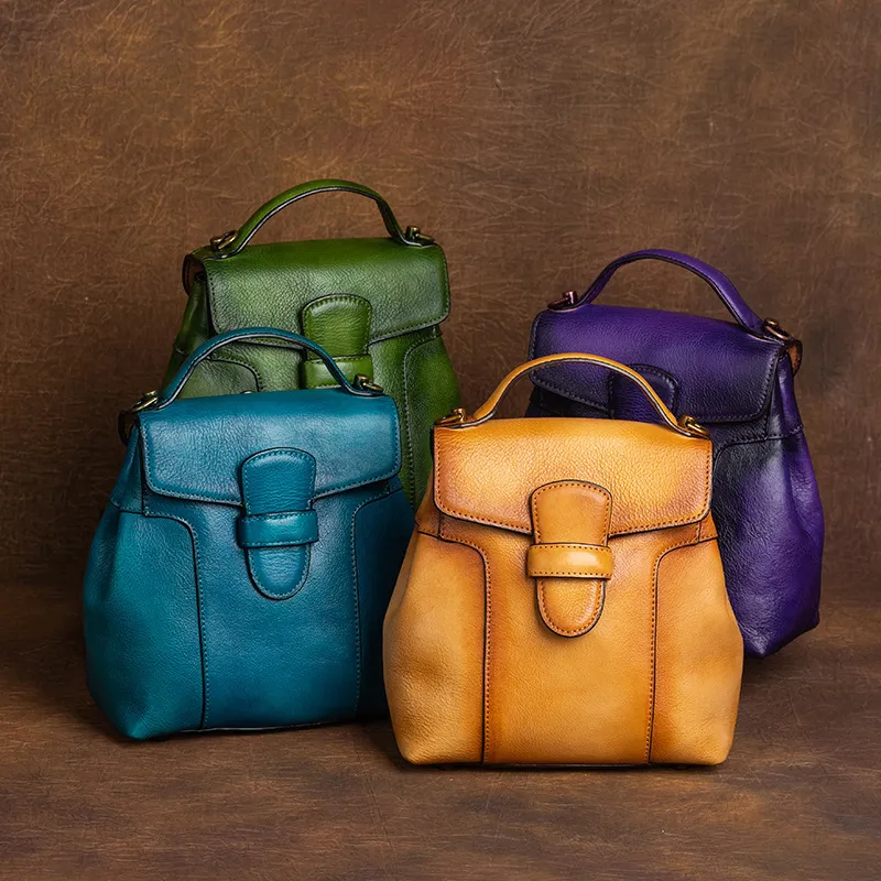新款头层牛皮复古双肩背包植鞣皮双肩女包手工擦色实用型包包