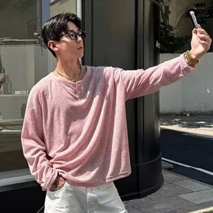人夫感老钱风粉色亨利领长袖t恤男夏秋季薄款宽松打底衫防晒上衣