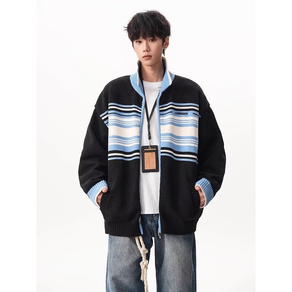 条纹撞色开衫毛衣外套男学院针织