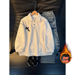 美式复古彩色翻领polo衫男款冬季加绒加厚正肩卫衣情侣针织衫外套